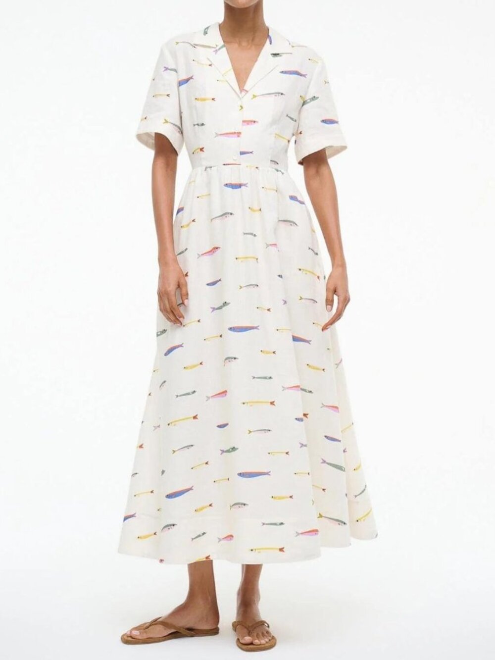 Staud Meryl Linen Midi Shirt Dress Ivory White Fish Colorful Pop Sardine 8